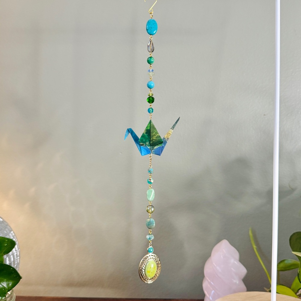 Origami Ornament #2417 - Medium Crane with Repurposed Pendant